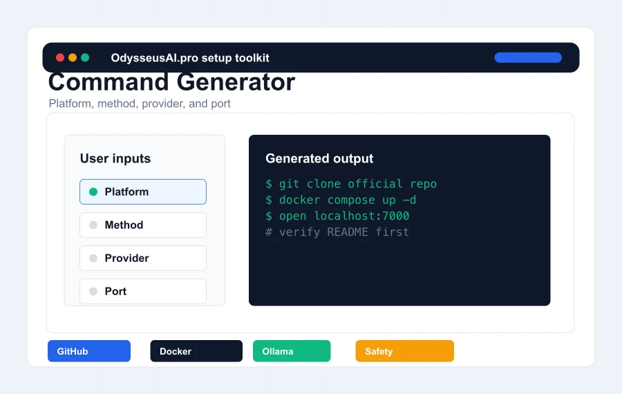 Odysseus AI install command generator with platform and provider options
